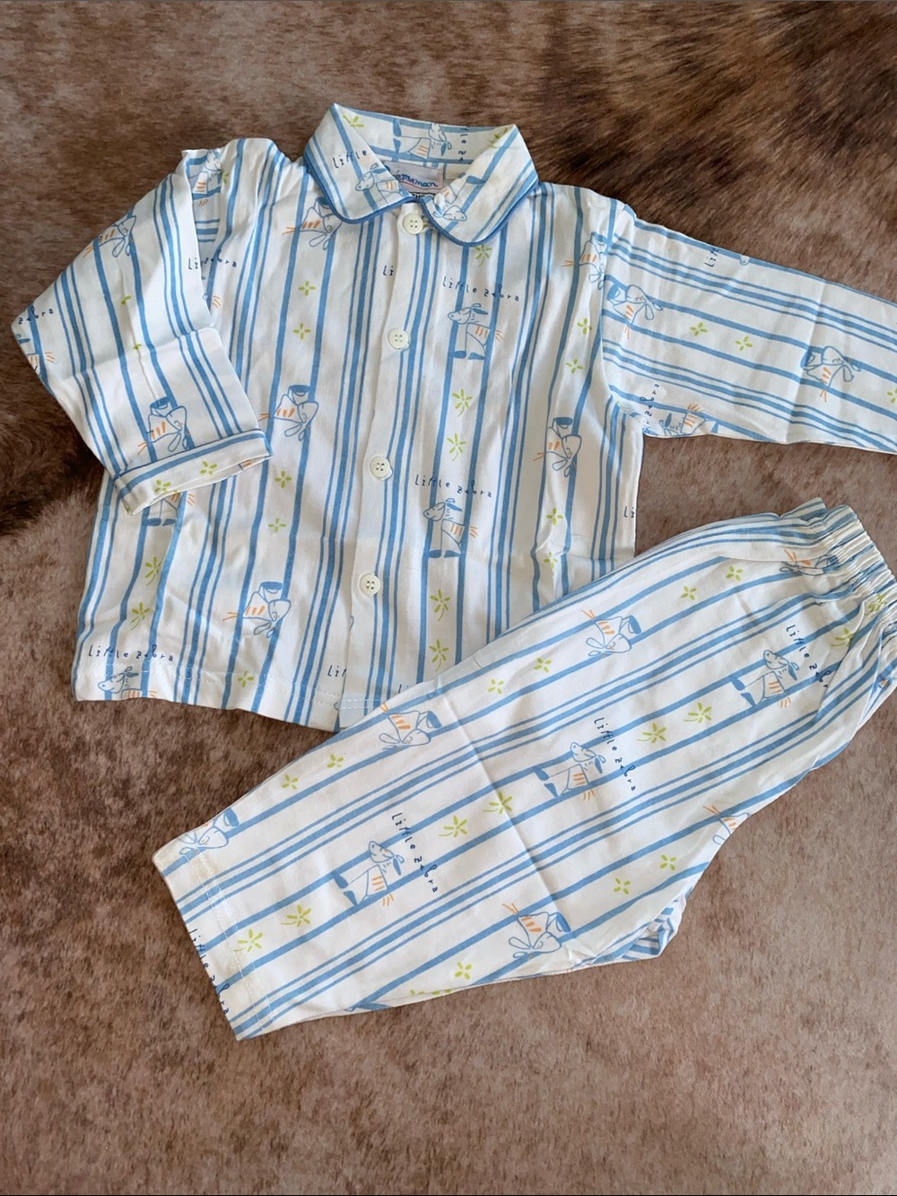 Vintage Kids Blue Striped Pajama Set with Playful Print